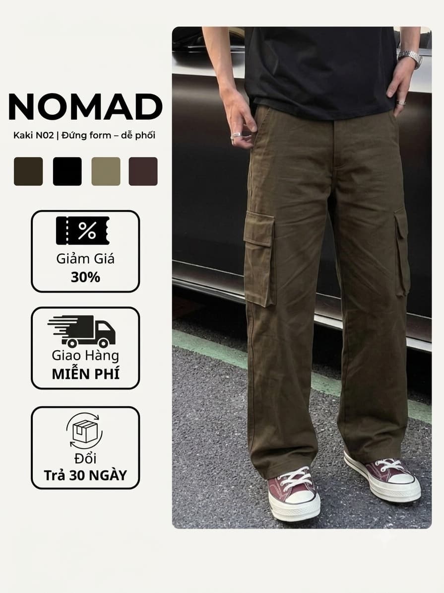 Quần Nomad N02 Túi Hộp Quần Cargo Pants Nam Ống Suông Rộng Chất Liệu Kaki Co Giãn Lưng Mặc Thoải Mái